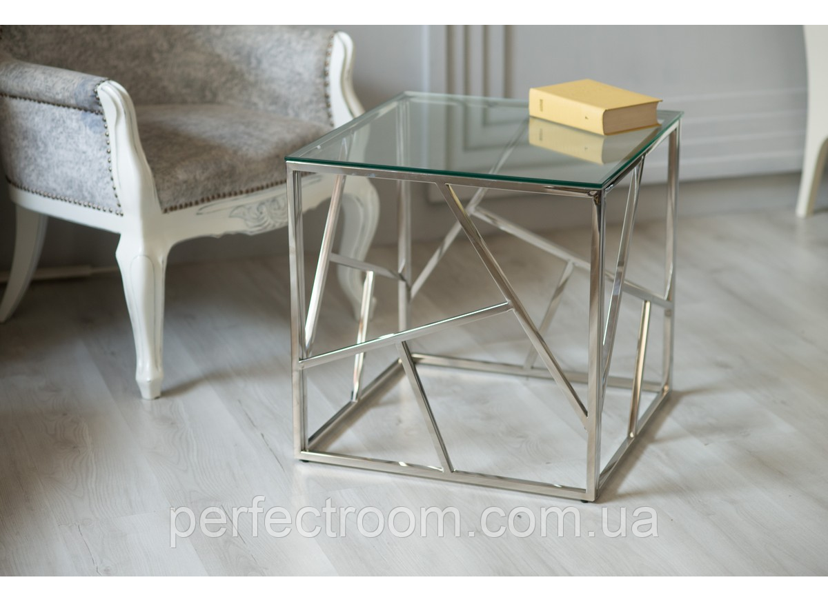 Журнальний стіл CF-2  зі стільницею із прозорого скла та основою з хромованої сталі Vetro Mebel 55/55/55 см