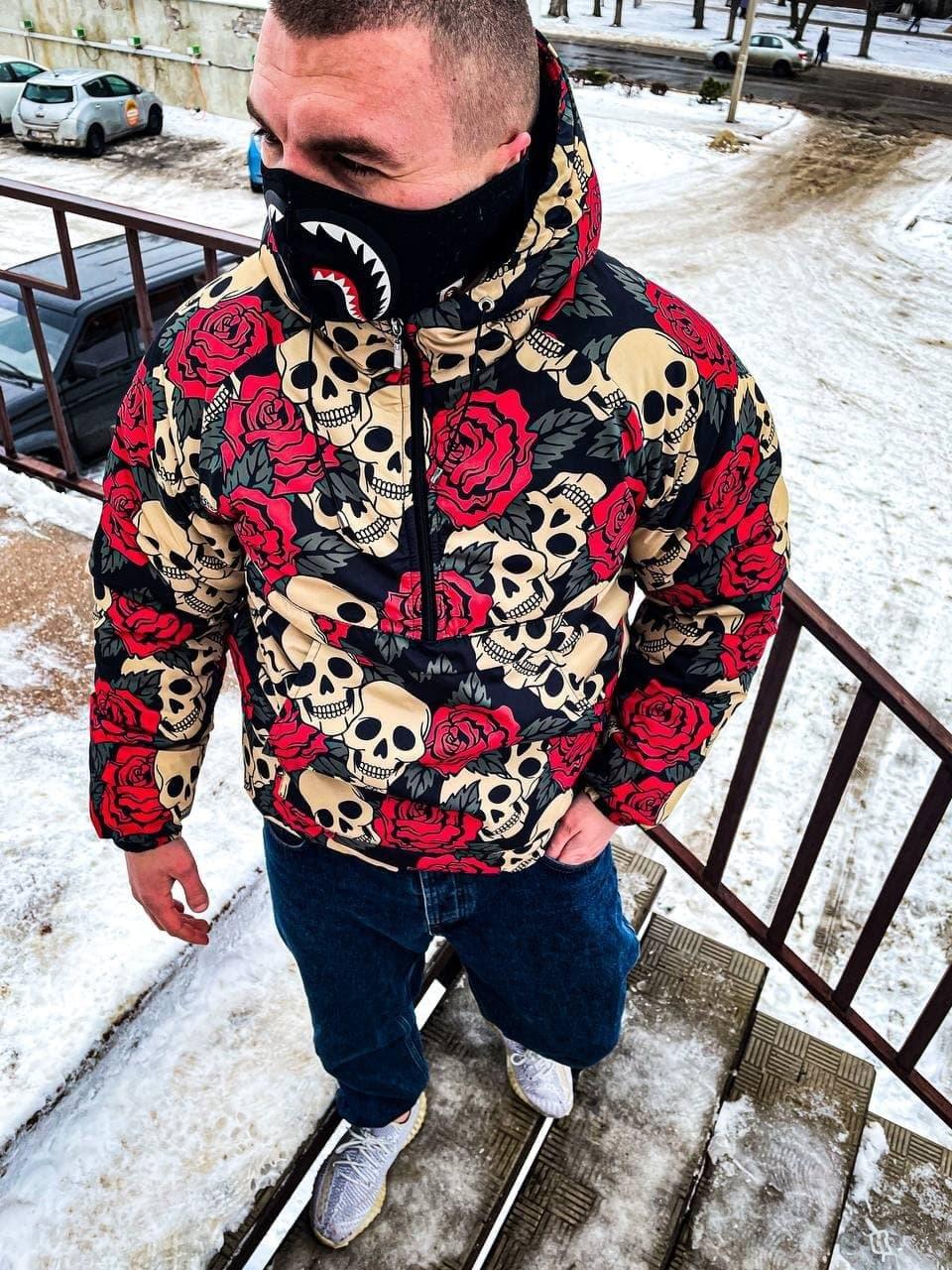 Куртка-анорак чоловіча чорна осінь-весна-зима з принтом Roses and Skull
