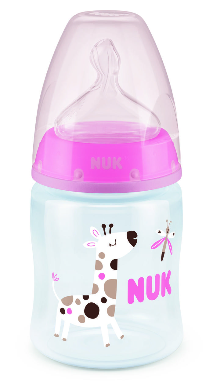 Пляшечка FirstChoice пластик 150 мл NUK / соска силіконова 0-6 місяців / температурний контроль Жираф, фото 1