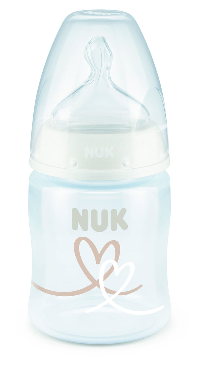 Пляшечка FirstChoice пластик 150 мл NUK / соска силіконова 0-6 місяців / температурний контроль Серця, фото 1