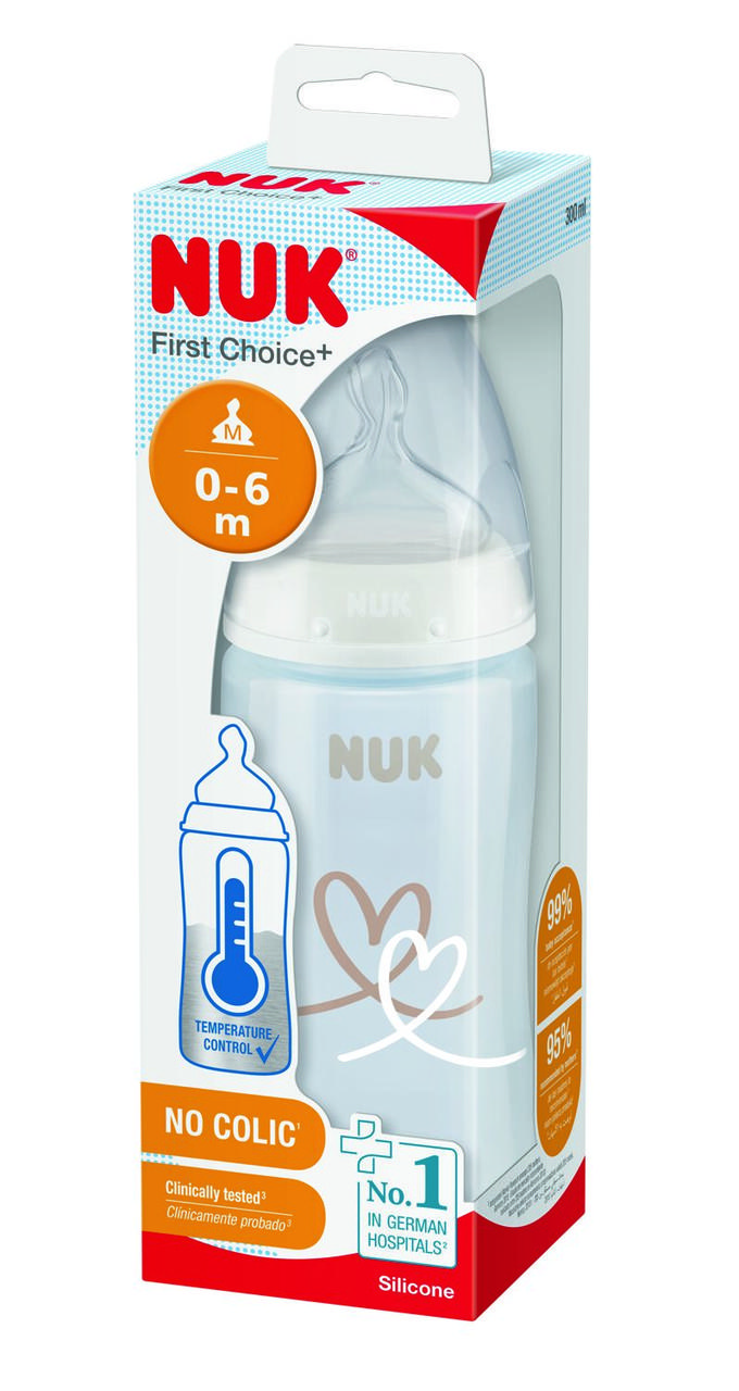 Пляшечка FirstChoice пластик 300 мл NUK / соска силіконова 0-6 місяців / температурний контроль Серця, фото 1