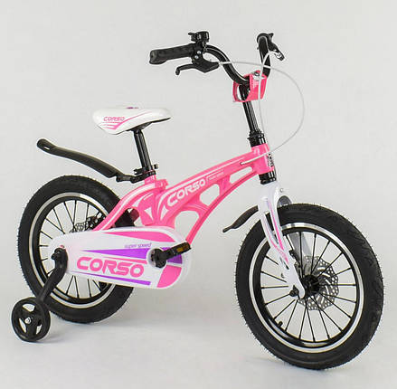 Велосипед 16" дюймів 2-х колісний "CORSO" Рожевий, Магнієва рама, подвійні Алюмінієві диски з посиленою спицею, Дискові гальма, фото 2
