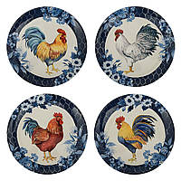 Набор круглых обеденных тарелок из керамики с принтом птиц "Петух Индиго" Certified International, 4 шт.
