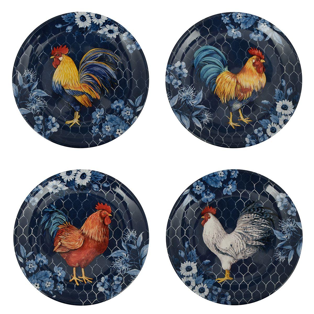 Набір із 4-х керамічних синіх тарілок для десерту "Півень Індіго" Certified International, фото 1