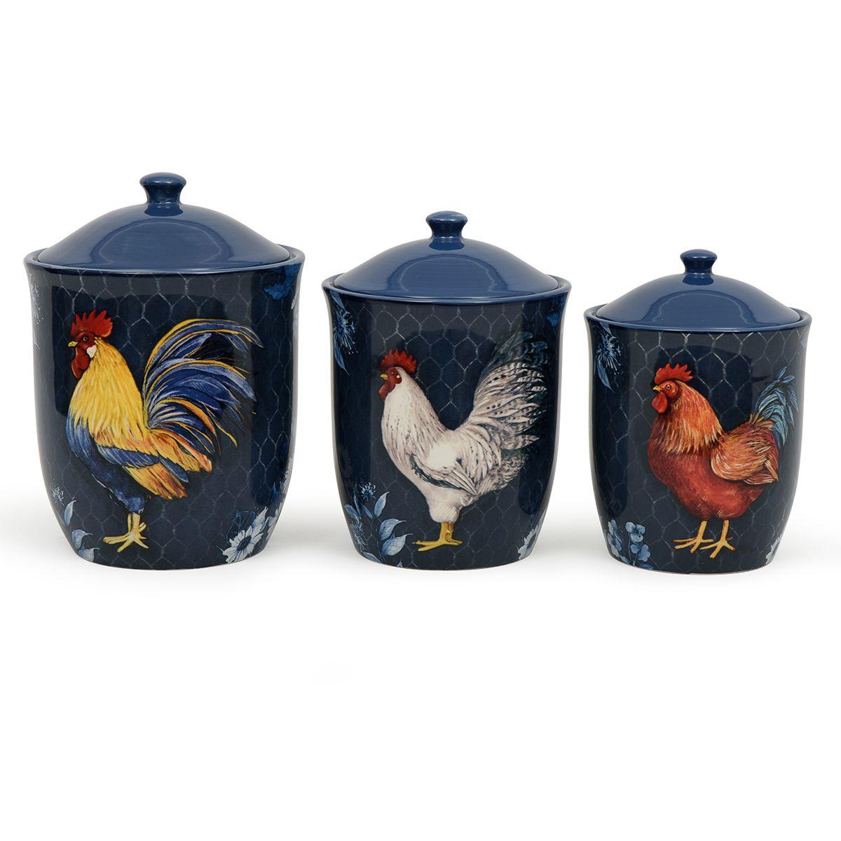Набір із 3-х керамічних ємностей для зберігання з малюнком "Півень Індиго" Certified International, фото 1
