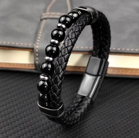 Браслет чоловічий шкіряний чорний, фото 1