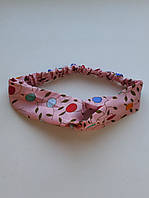 Повязка чалма на голову тканевая с узлом Персиковая, розовая цветной принт
