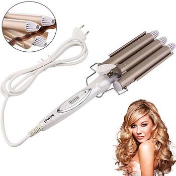 Плойка потрійна для волосся від мережі, 45 Вт, Kemei JFQ-KM-1010 / Щипці для укладання волосся / Плойка для волосся