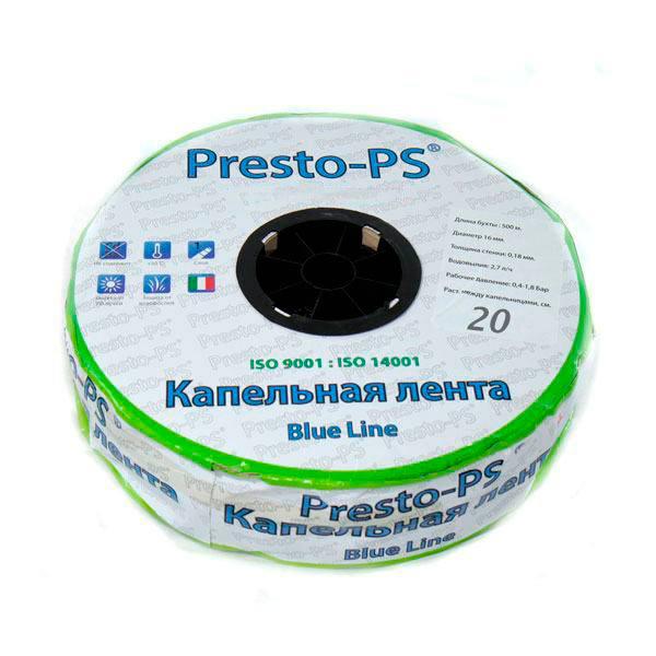 Крапельна стрічка 16 мм, крок 20 см, товщ. 0,18 мм, 2,4 л/год, щілинна, Presto-PS Blue Line, (бухта 500 м)