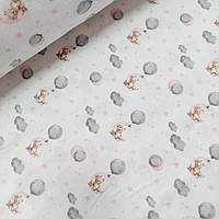 Фланель постельная с облаками, мишками и розовыми звездами на белом, ш. 240 см