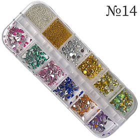 Набір прикрас "Конфетті різного кольору" №14 (12шт./уп.) для дизайну та декору нігтів у пластиковому контейнері