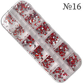 Набір прикрас "Червоні стрази різних розмірів" №16 (12шт./уп.) для дизайну та декору нігтів у пластиковому контейнері