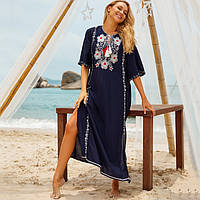 Длинная туника-платье пляжная синего цвета с вышивкой