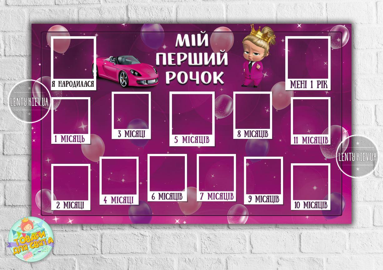 Плакат - колаж "Леді Бос Молокосос дівчинка" "12 місяців" "Мій перший рочок" (120х75 см) - Українською