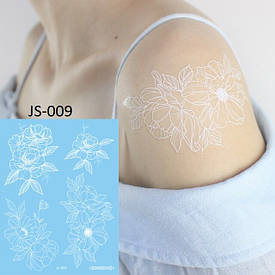 Флеш Тату. 16*12 См. Тимчасова. Перевідна. Набір, Білі Татуювання, На Обличчі, Квіти, Півонії, Js-009 (S), Білі