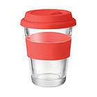 Скляний стакан з силіконовою кришкою та манжетою ASTOGLASS 350 мл червоний
