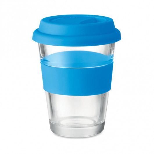 Скляний стакан з силіконовою кришкою та манжетою ASTOGLASS 350 мл блакитний
