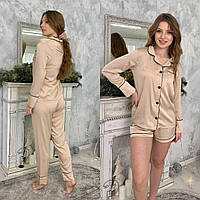 Женская пижама рубашка с длинным рукавом штаны шорты 3 в 1 Бежевый L ХL