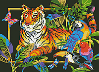 Схема для вышивки бисером на атласе "Тигр и попугаи" Размер 49 х 36 см.