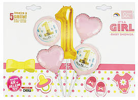 Набір тематичних куль "Перший День народження Дівчинка". В упак: 5шт.