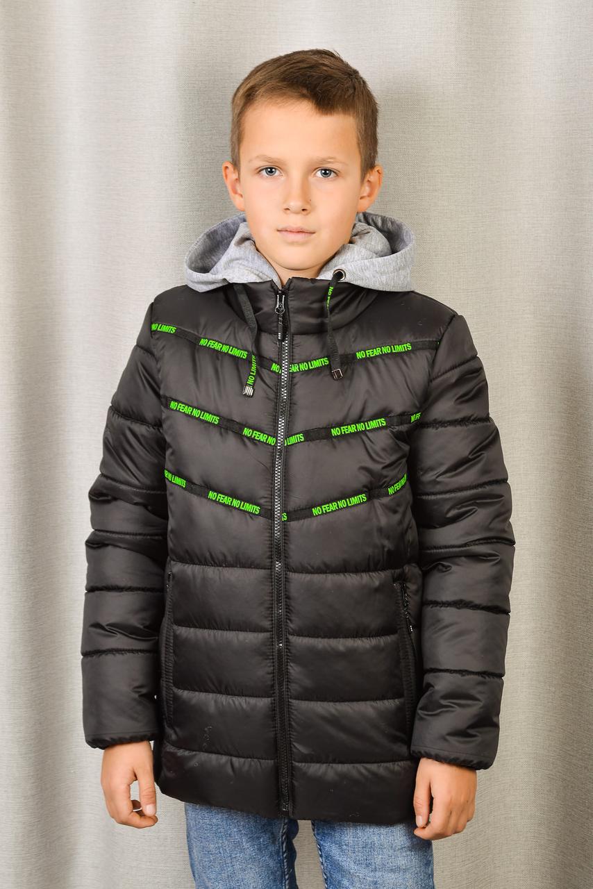 Куртка дитяча для хлопчика демісезонна чорна Pleses, трикотажний капюшон, розміри 110-164