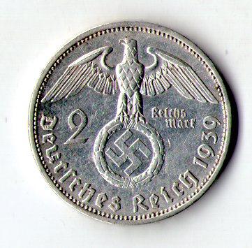 Німеччина - Третій рейх Нацистська Німеччина 2 рейхсмарки, 1939 рік срібло 8 гр. №1218