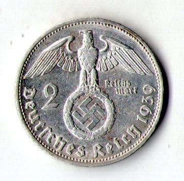 Німеччина — Третій рейх Нацистська Німеччина 2 рейхсмарки, 1939 рік срібло 8 гр. №1211