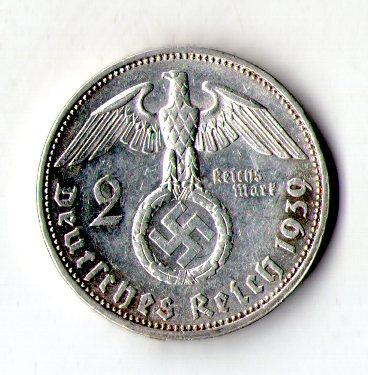 Німеччина — Третій рейх Нацистська Німеччина 2 рейхсмарки, 1939 рік срібло 8 гр. №1196