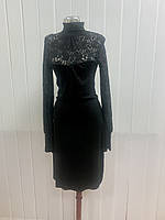 Платье черное женское ажурное длинный рукав прямое