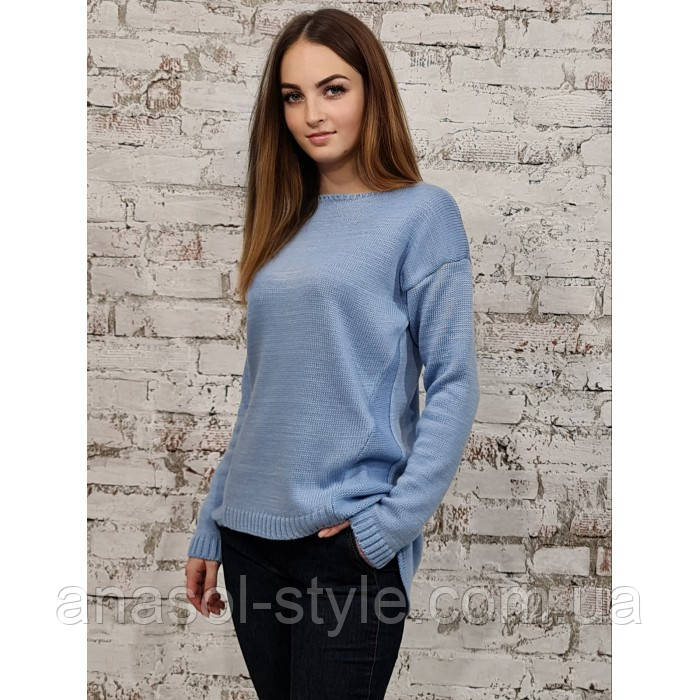 Вязаный свитер гладкая вязка ассиметричный низ мериносовая турецкая пряжа голубой - фото 3 - id-p1547592924