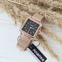 Часы женские ANANKE на миланском браслете. Цвет: розовое золото с черным циферблатом