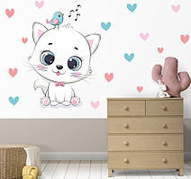 Інтер'єрна наклейка "Котик з пташкою" 94х116 см + набір сердечок на стіну в дитячу кімнату (глянець)