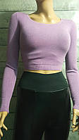 Молодежный облегающий женский свитер кроп топ кашемир фиолетовый 42-46.