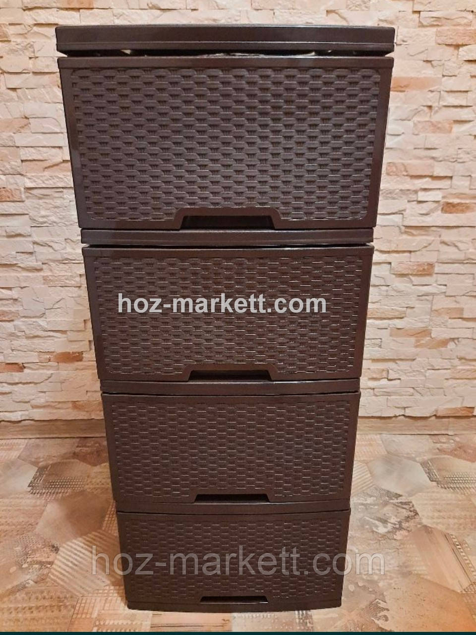 Тумбочка пластикова плетінка на 4 ящики ротанг коричневий, фото 1