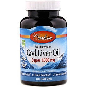 Олія печінки тріски в капсулах, Cod Liver Oil Gems, Carlson Labs, Wild Norwegian, 1000 мг, 100 капсул