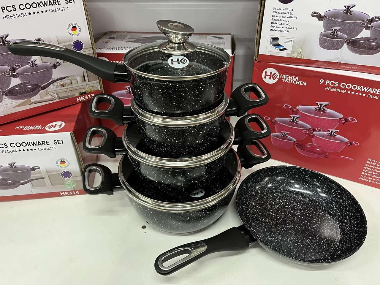 Набір посуду Higher Kitchen 9 предметів із гранітним покриттям Чорний, фото 1