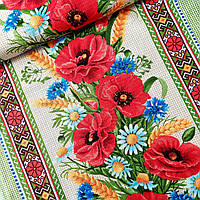 Вафельна тканина з ромашками, маками та українським орнаментом, ш. 50 см