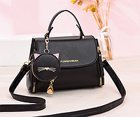 Женская маленькая стильная сумочка из экокожи через плечо и брелок-кошельок, черний