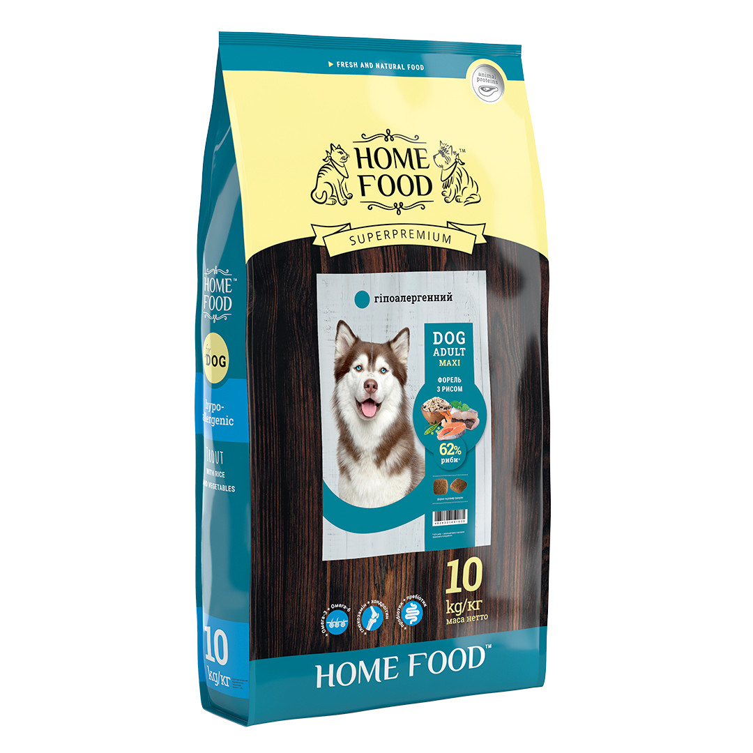 Сухий корм для дорослих собак 10 кг гіпоалергенний MAXI - Форель, рис, фитоформула «АМРОЛ» HOME FOOD