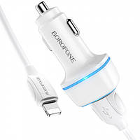 Автомобильное зарядное устройство Borofone BZ14 Lightning 2USB (Белый)