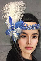 Повязка с бело-голубыми перьями,голубая повязка в стиле Гетсби ретро