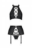 Комплект з еко-шкіри з імітацією шнурівки Nancy Set black L/XL - Passion топ, трусики та пояс для па SO5373, фото 5