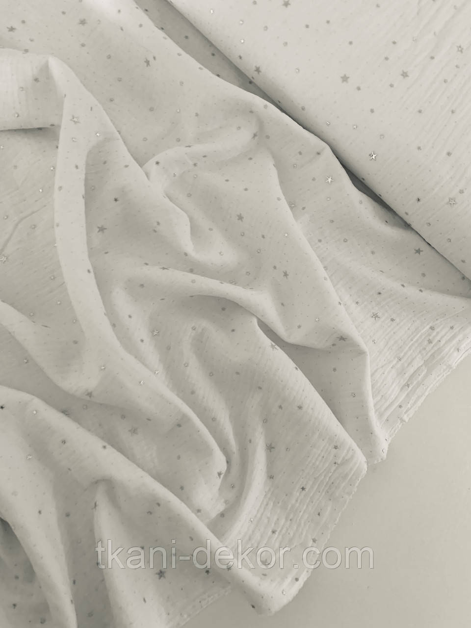 Муслін (хлопкова тканина) жатка Гліттер срібні зірки на білому
