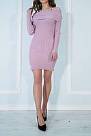 Женское теплое вязаное платье с хомутом розовое размер 42-44