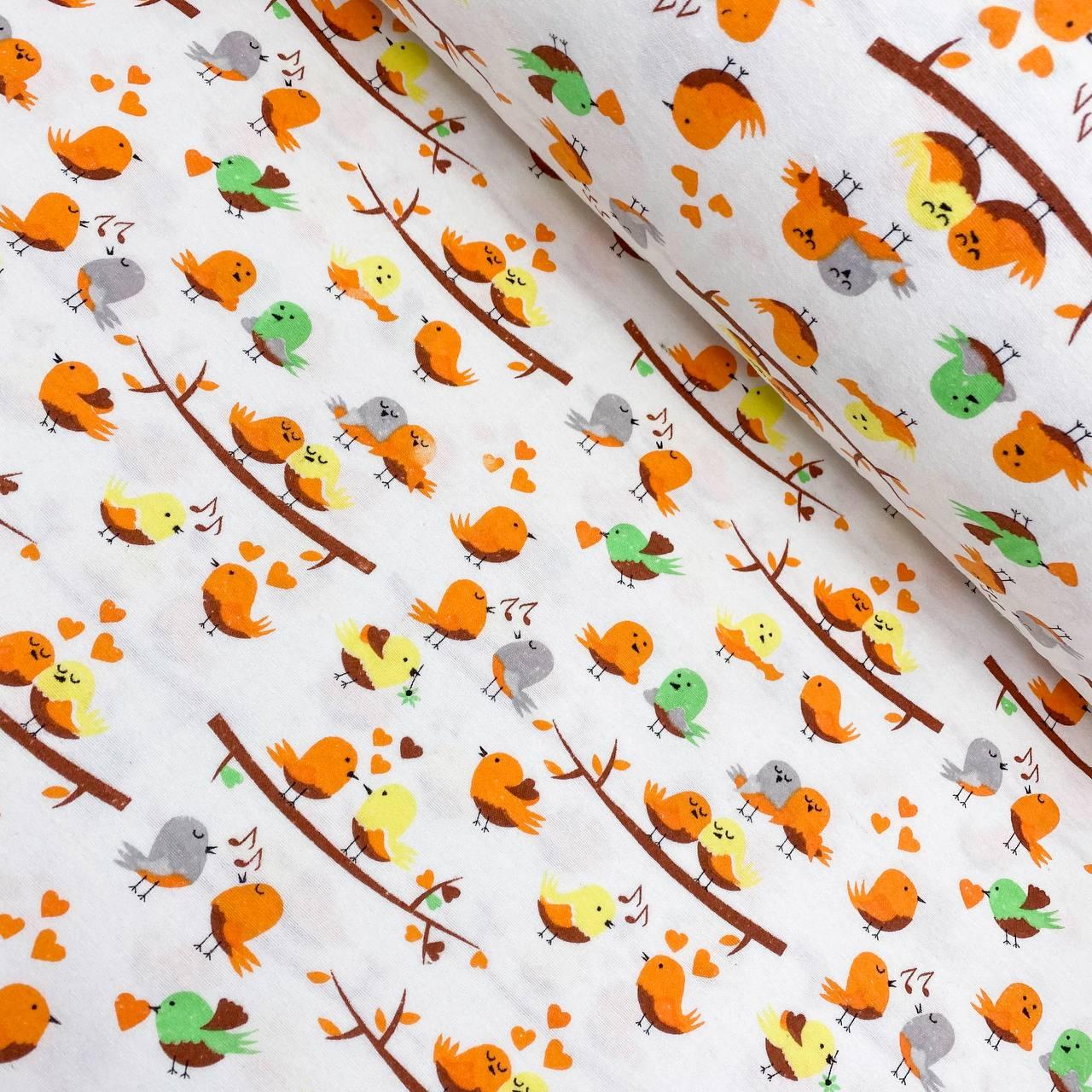 Фланель "Пташки оранжеві, сірі на гілках" 180 см, фото 1