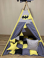 Детская Палатка - Вигвам «Герой Бэтмен» от 3 лет 100% Коттон Матрасик (БомБон) + 2 Подушки, Флажки, Гирлянда