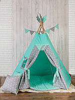 Мега Большая Детская Палатка - Вигвам «Супер Мятные Звезды» от 3 лет Круглый Матрас (Бомбон) + 3 Подушки,