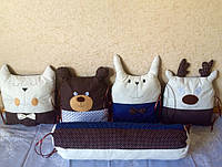 Борти фігурні для дитячого ліжечка "Звірятка в горошок" (Сине-коричневий з білим) 100% польський дитячий