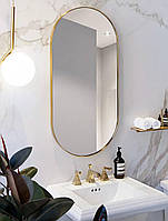 Овальное золотое зеркало в металлической раме, овал золотой в ванную 100х50 см