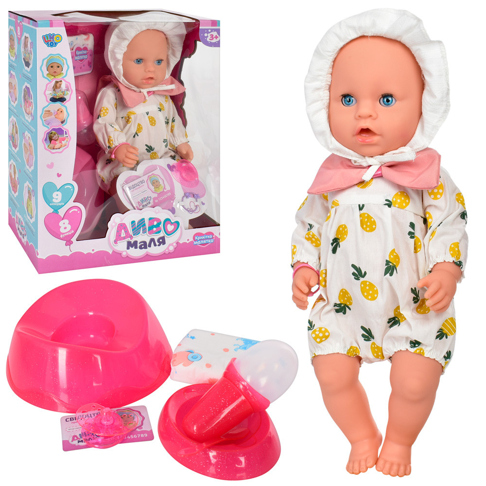 Пупс у яскравому боді з рожевим бантом і в дитячій шапочці з набором аксесуарів, фото 1